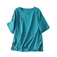 thumbnail image 2 of Fiudx Tops para Mujer Top de Manga Corta con Abertura Lateral y Botones para Mujer, Informal, Holgado, Bordado, con Cuello Redondo, 2 of 6