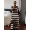 thumbnail image 3 of Womens Brown Striped Knit Dress With Round Neck Short Sleeve And Loose, 3 of 7