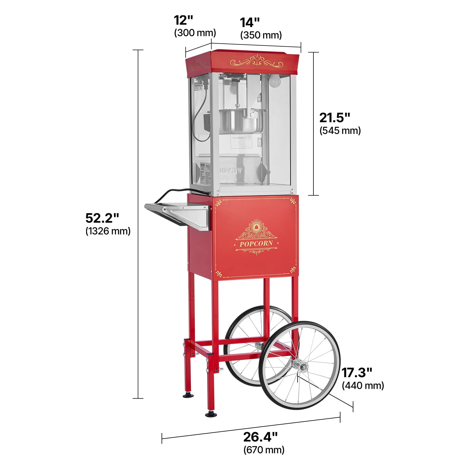 VEVOR Popcorn Machine with Cart, 8oz Stainless Steel Kettle, 800W Commercial Popcorn Maker, 48 Cups per Batch Theater Style Popper, with 2-Button Control Glass Wall PC Door 1 Scoop 3 Spoons, Red