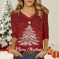 thumbnail image 2 of Fiaer Womens V Neck T Shirts Christmas 3/4 Sleeve Plus Size Tshirts Snowflakes Fashion Casual Baggy Xmas Tops Red XL, 2 of 4