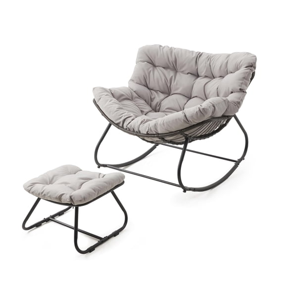 KIOOTTO Wicker Rocking Chair with Ottoman and Light Gray Cushions