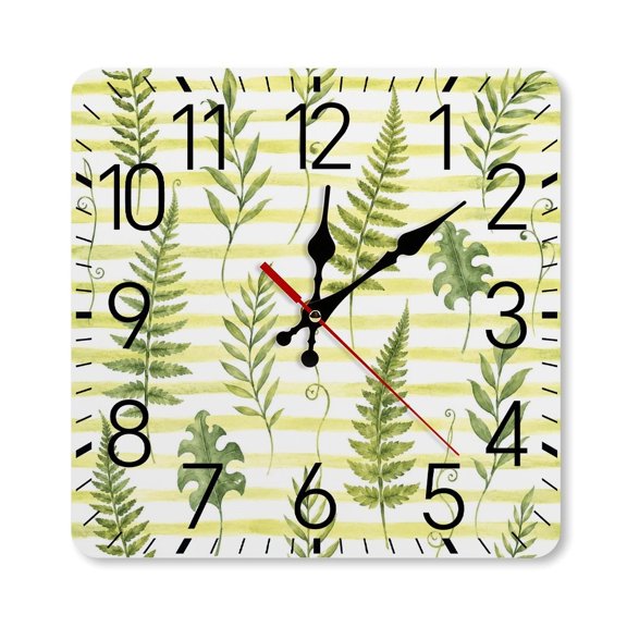 RKSupls 10×10inch Square Silent Wall Clock Wooden Frame, Fern Botanical Stripe Pattern Scale Decorative Clock for Home Bedroom Living Room Office