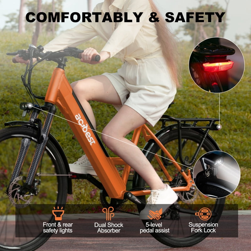 Actbest Electric Bike for Adults, 26" Step-Through Electric Bicycle with 36V 13Ah Removable Battery, 750W Peak Motor Electric Cruiser Bike with 20MPH, 7 Gears & Front Suspension (Orange)