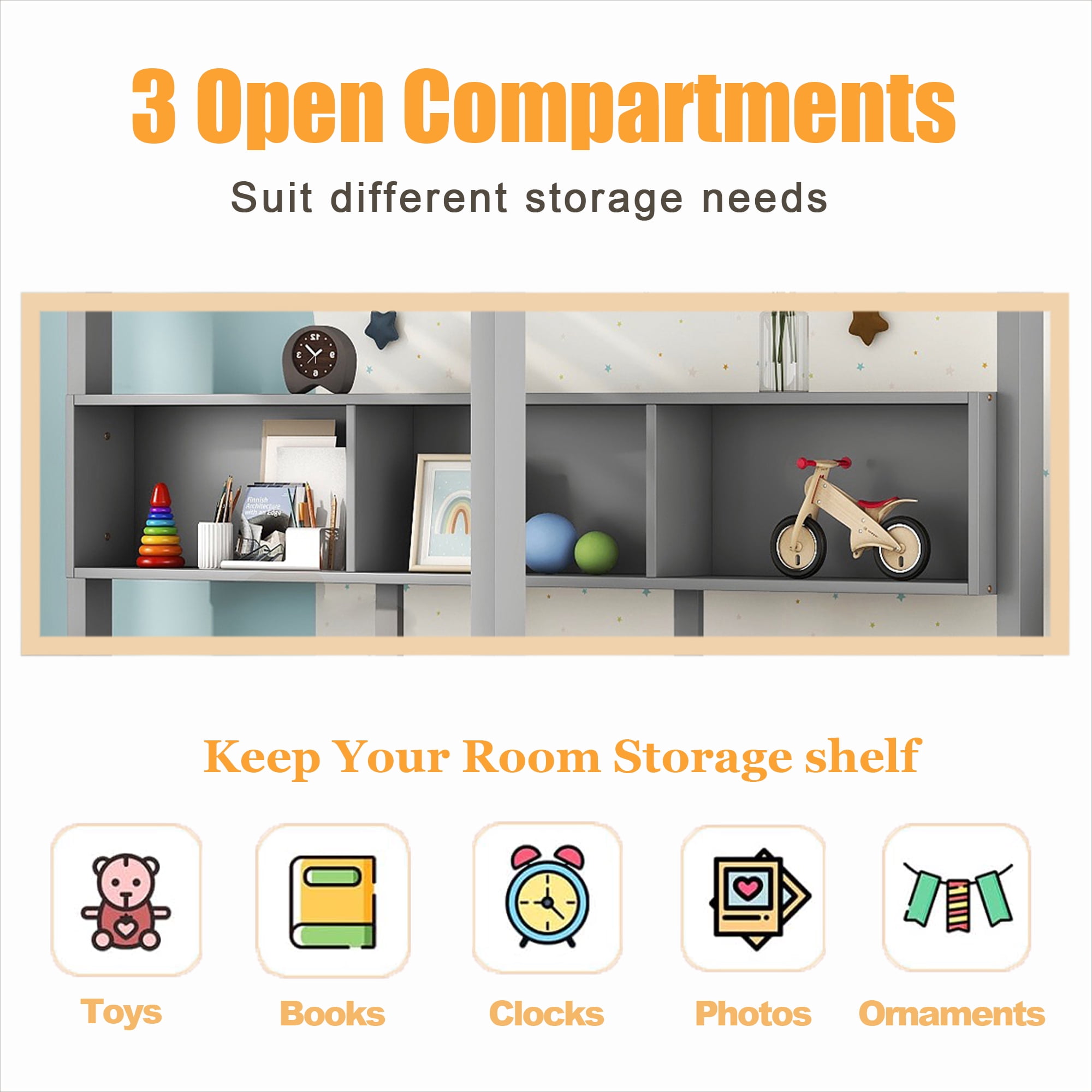 Bellemave House Bed with 2 Drawers and Storage Shelves, Wood Full Size  Montessori Bed Frame with Roof and Window, Playhouse Bed for Bedroom (Gray)