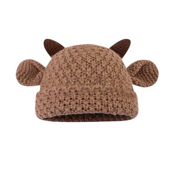 Fewfanhot Knit Cow Hat with Horns & Ears, Soft Warm Hand-knitted Woolen Beanie Cute Animal Design Winter Cap for Daily Wear Photo Shoots Shower Gift