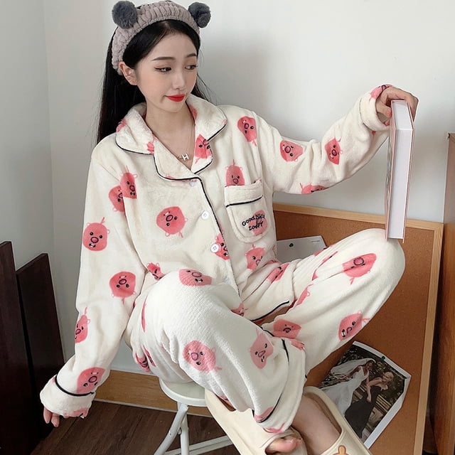 Pijama de franela para mujer, otoño e invierno, dibujos animados, lindo estilo coreano, cárdigan, pantalones de manga larga, traje de estudiante
