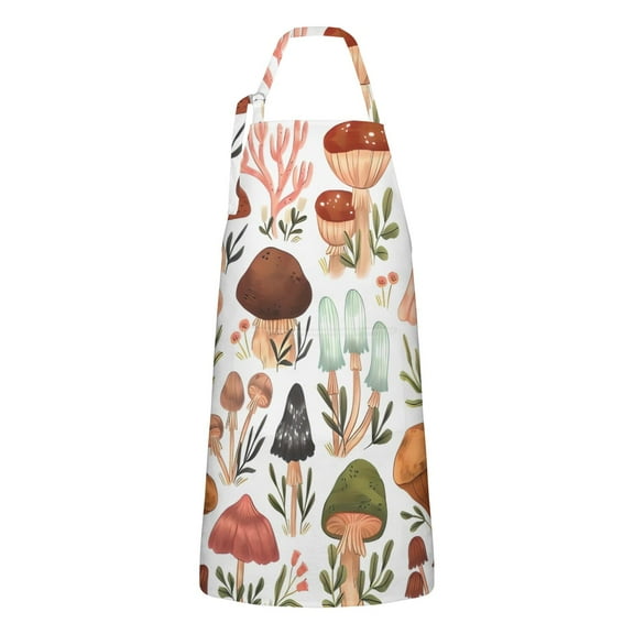 Colorful Mushroom Leaf White Pattern Apron-Garden Aprons for Women with Pockets-Cotton Linen Waterproof Kitchen Cooking Gardening Aprons Adjustable for Kitchen,Cooking,BBQ and Salon 33x27 Inch