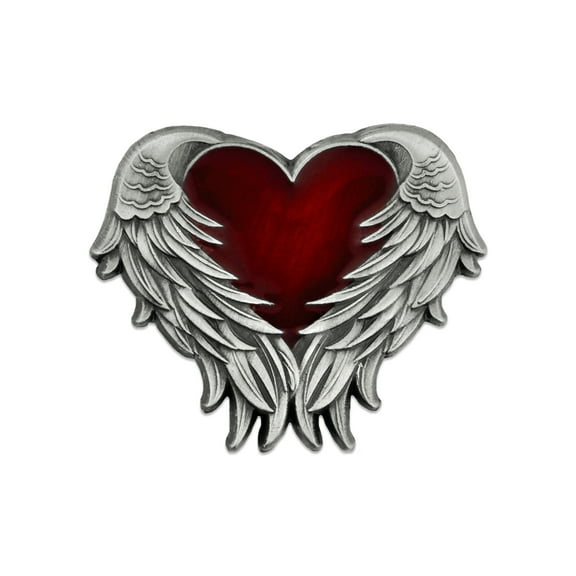 Antique Nickel Heart with Angel Wings Enamel Lapel Pin