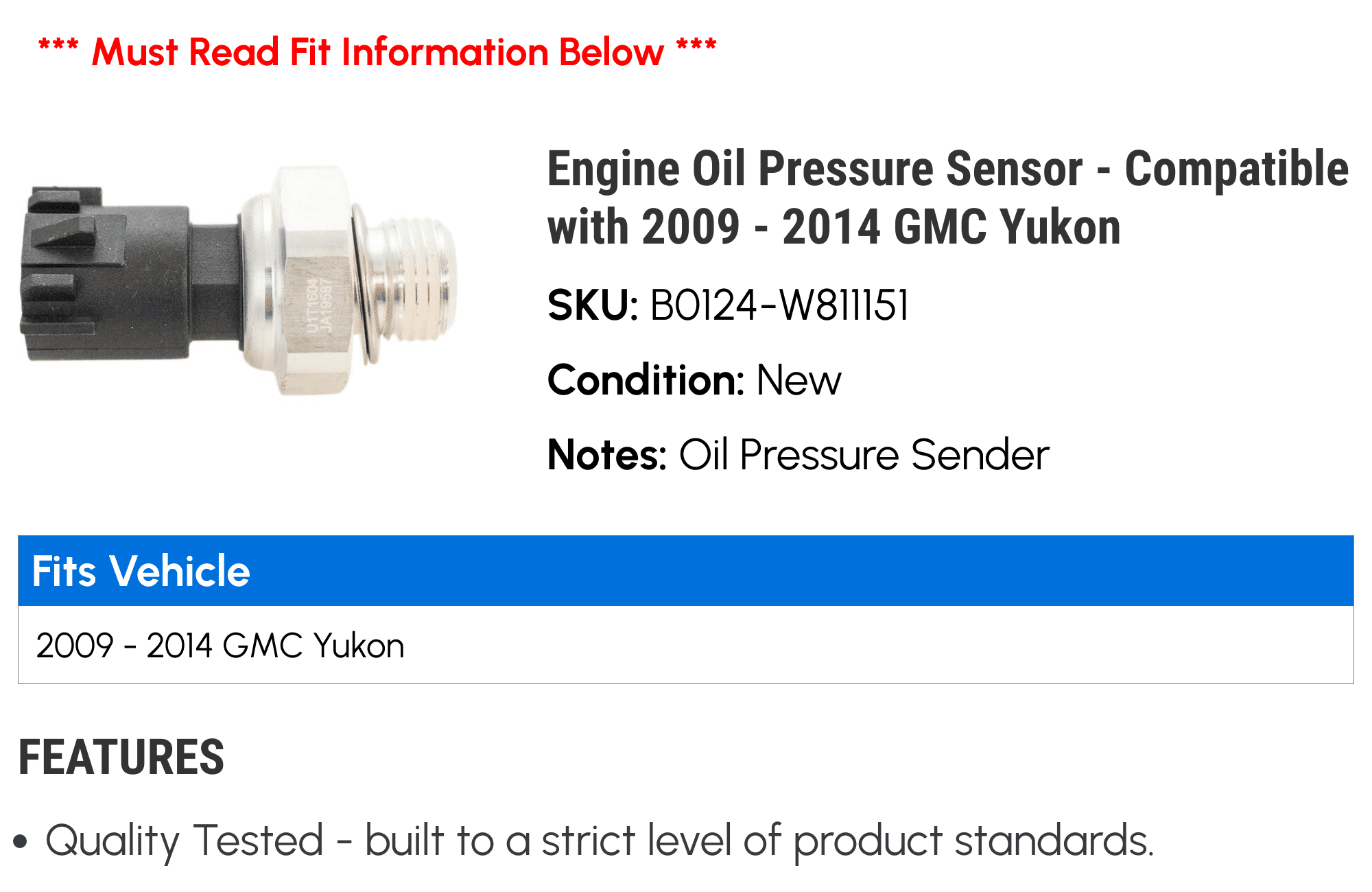 Engine Oil Pressure Sensor - Compatible with 2009 - 2014 GMC Yukon 2010 2011 2012 2013