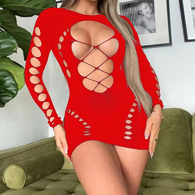Lencería de mujer, malla hueca, medias de manga larga, body de nailon para mujer