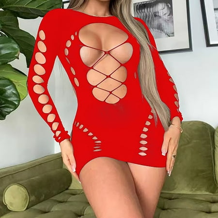 Abomasnow Lingerie for Women Sexy See Through Hollow Out Sheer Babydoll Bodysuit One Piece Long Sleeve Teddy Mesh Nightwear on Clearance