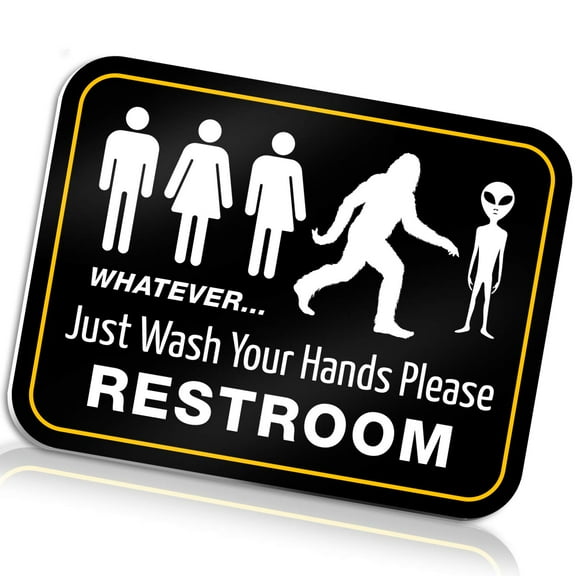 Bigtime Signs Funny Bathroom Sign for Restroom 11.5" x 8.75" Rigid PVC | All Gender Bigfoot & Alien Wash Your Hands Please