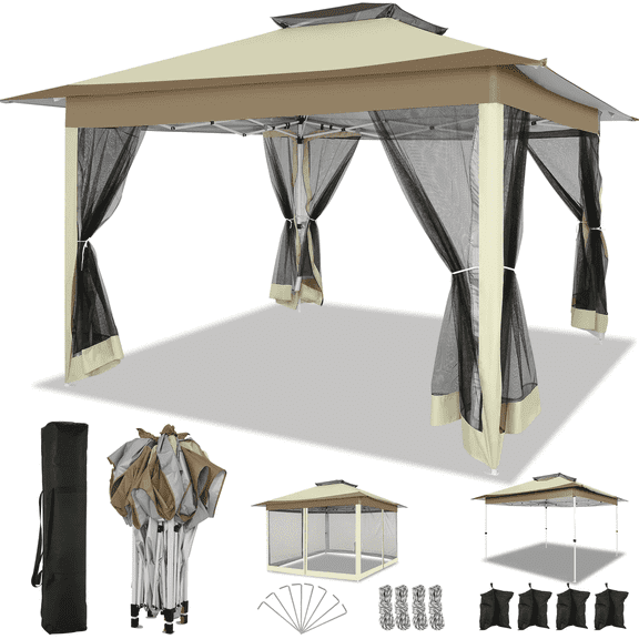 COBIZI 12x12 Pop-up Gazebo Outdoor Gazebo Canopy with Mosquito Netting Backyard Canopy with 2-Tiered Vented Top 3 Adjustable Height, Beige