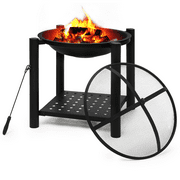 MoNiBloom 20.5" Outdoor Fire Pit with Shelf, Wood Burning Firepit Bowl with Log Grate, Spark Screen & Poker for Backyard 0utside Patio, Black