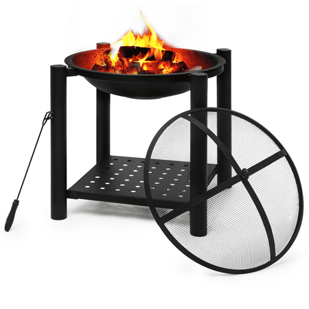 MoNiBloom 20.5" Outdoor Fire Pit with Shelf, Wood Burning Firepit Bowl with Log Grate, Spark Screen & Poker for Backyard 0utside Patio, Black