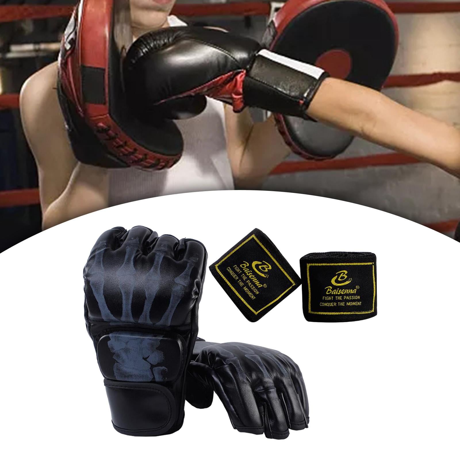 harayaa Boxing Gloves Protective Gear Open Palm MMA Half Mitts Lightweight Breathable PU Black Skeleton