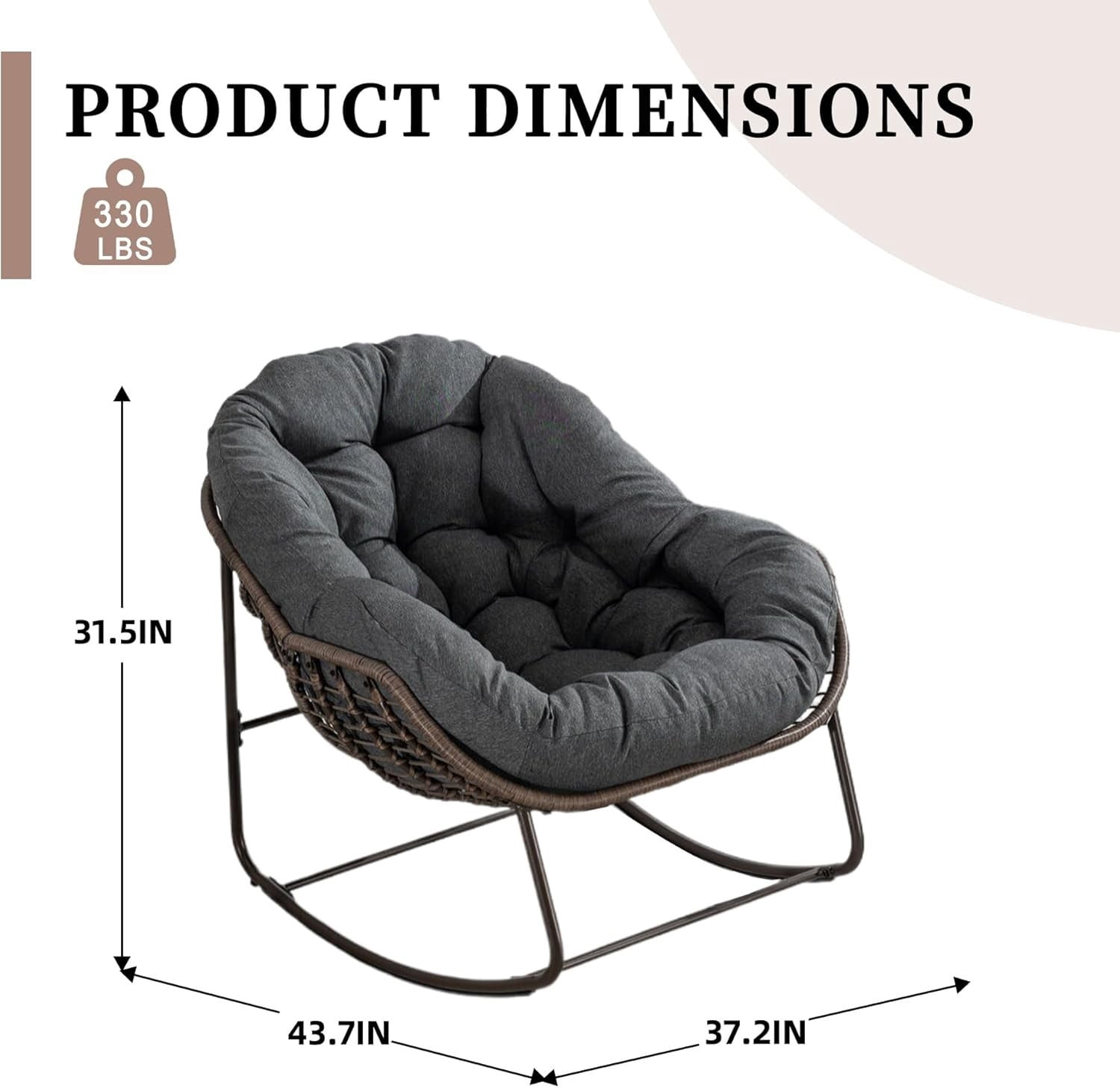 Outdoor Papasan Rocking Chair, Oversized Egg Rocking Chair with Cushion, Wicker Rattan Patio Rocker, Indoor Outdoor Lounge Chair for Porch Garden Living Room, Dark Gray