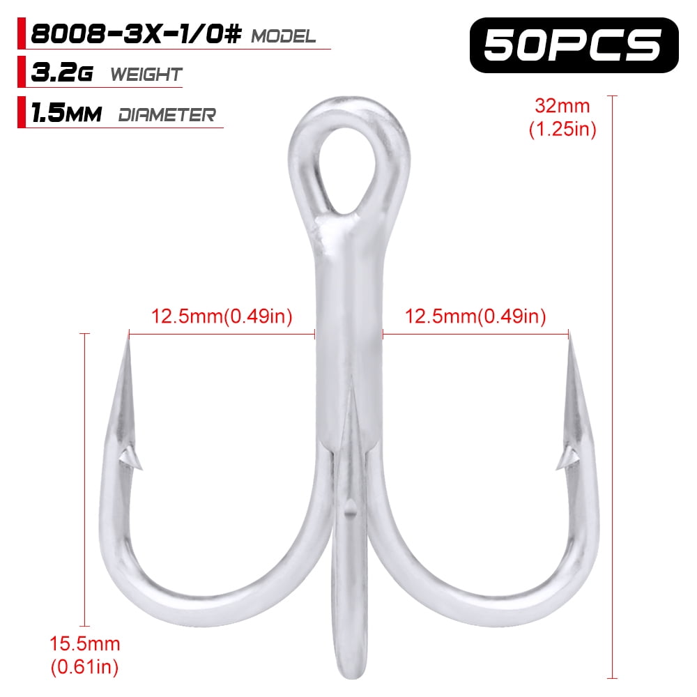 50pcs/lot Saltwater Fishing Hook Matte Tin Treble Hooks 2/0#-1/0#-1#-2#-4#-6#-8# High-Carbon Steel High Strength 3X Hooks