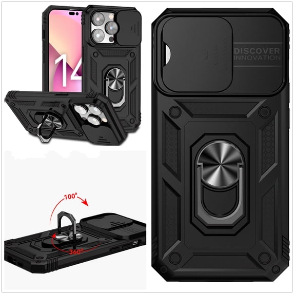 ELEHOLD Rugged Hybrid Case for iPhone 14 Pro Max Heavy Duty Case with Slide Camera Cover 360° Ring Holder Kickstand Magentic Shockproof Protective Case For iPhone 14 Pro Max,6.7 inch,Black