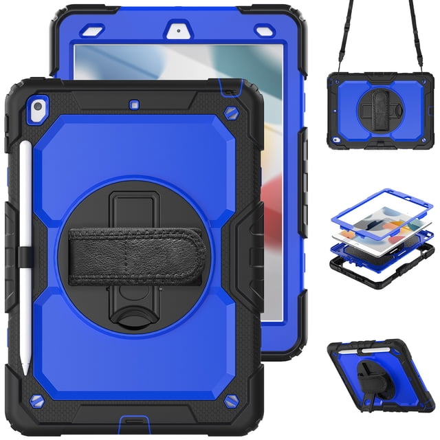 XYX For iPad 9th/8th/7th Generation 10.2 inch Case, 360 Rotating Shockproof Cover with Stand, Screen Protector, Shoulder Strap, Dark Blue PC