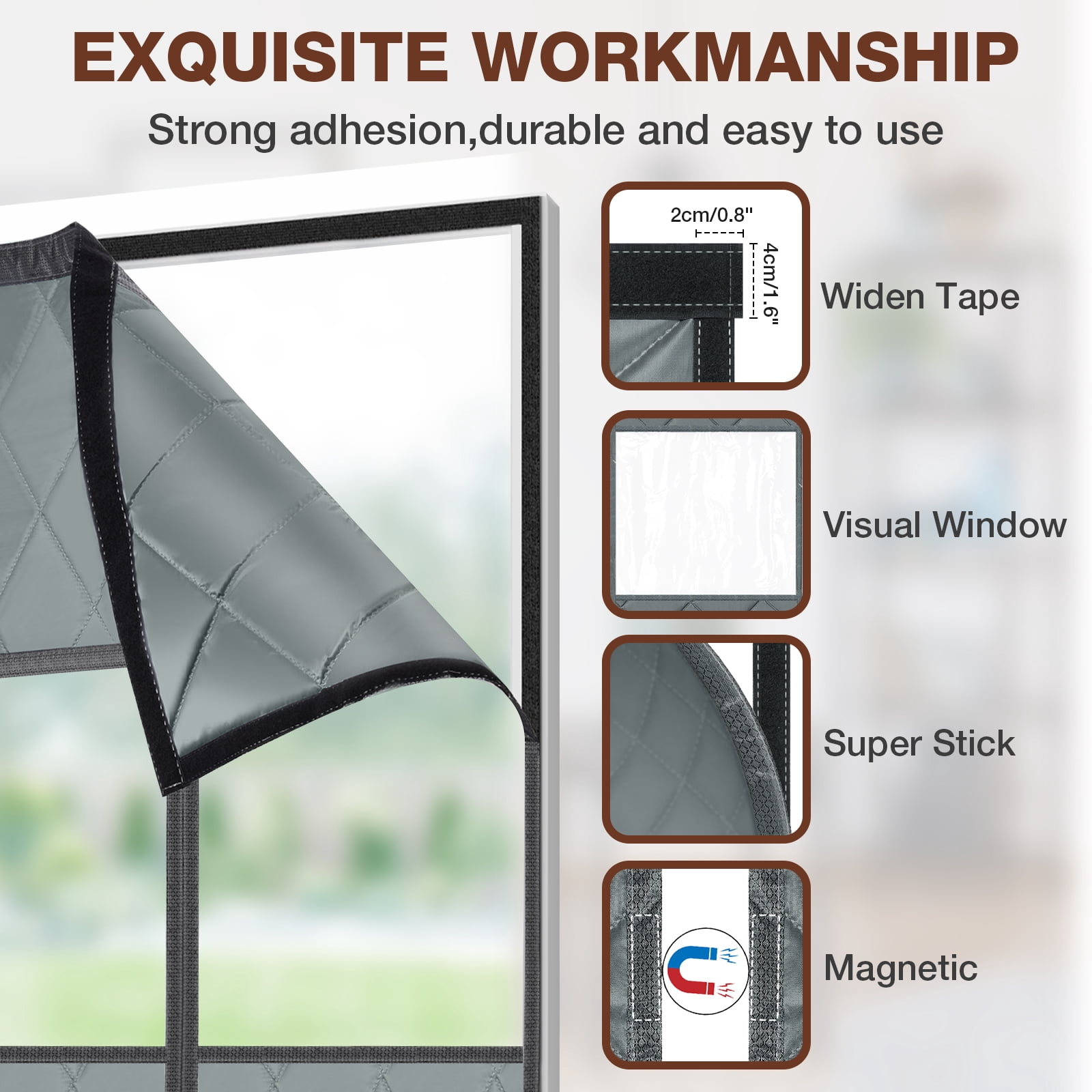 Lapalife Magnetic Thermal Insulated Door Curtain with Perspective Window, Fits 35" x 82" Doors Waterproof Windproof Door Screen Insulation Cover to Keep Warm in Winter, Gray