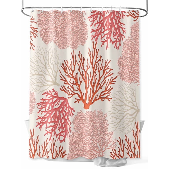 Coastal Ocean Coral Shower Curtain, Red Pink Theme Pattern Waterproof Shower Curtain Set with 12 Hooks Lightweight Washable Fabric Shower Curtains for Bathroom 48x72 Inches