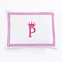 Eiderdown Decor White 100% Cotton Sateen Hotel stitch Pillow Sham Crown Applique Monogram (P) in Hot Pink - US Standard Size 20" x 26"(2 Pcs) - 400 threadcount