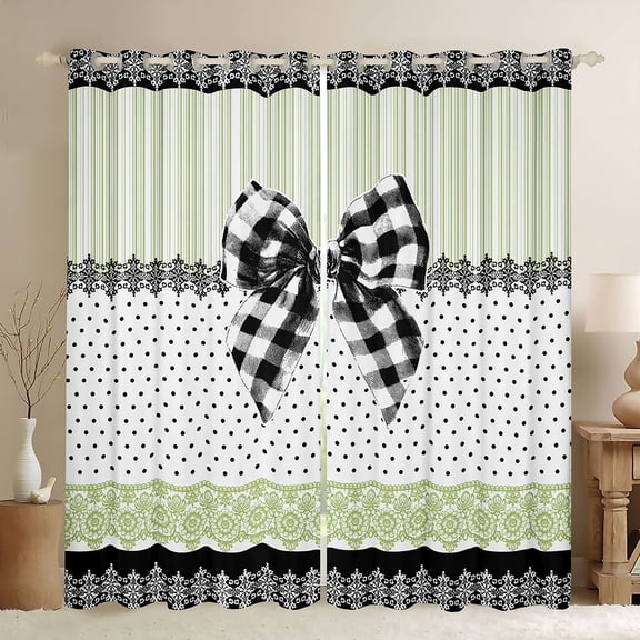 Manfei Black White Plaid Bowtie Black Out Curtains for Kids Girls,Chic Floral Vintage Polka Dots Curtains Pack of 2 (42x63 Each) for Teens Female,Ultra Soft Home Decor