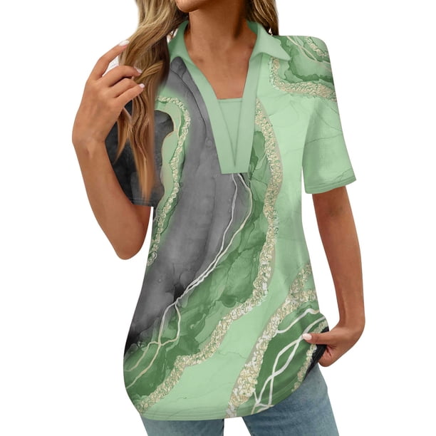Tops Cortos para las Mujeres Blusas Impresas Manga Corta Turndown Collar Camiseta, Tops de Blusa para las Mujeres Casual