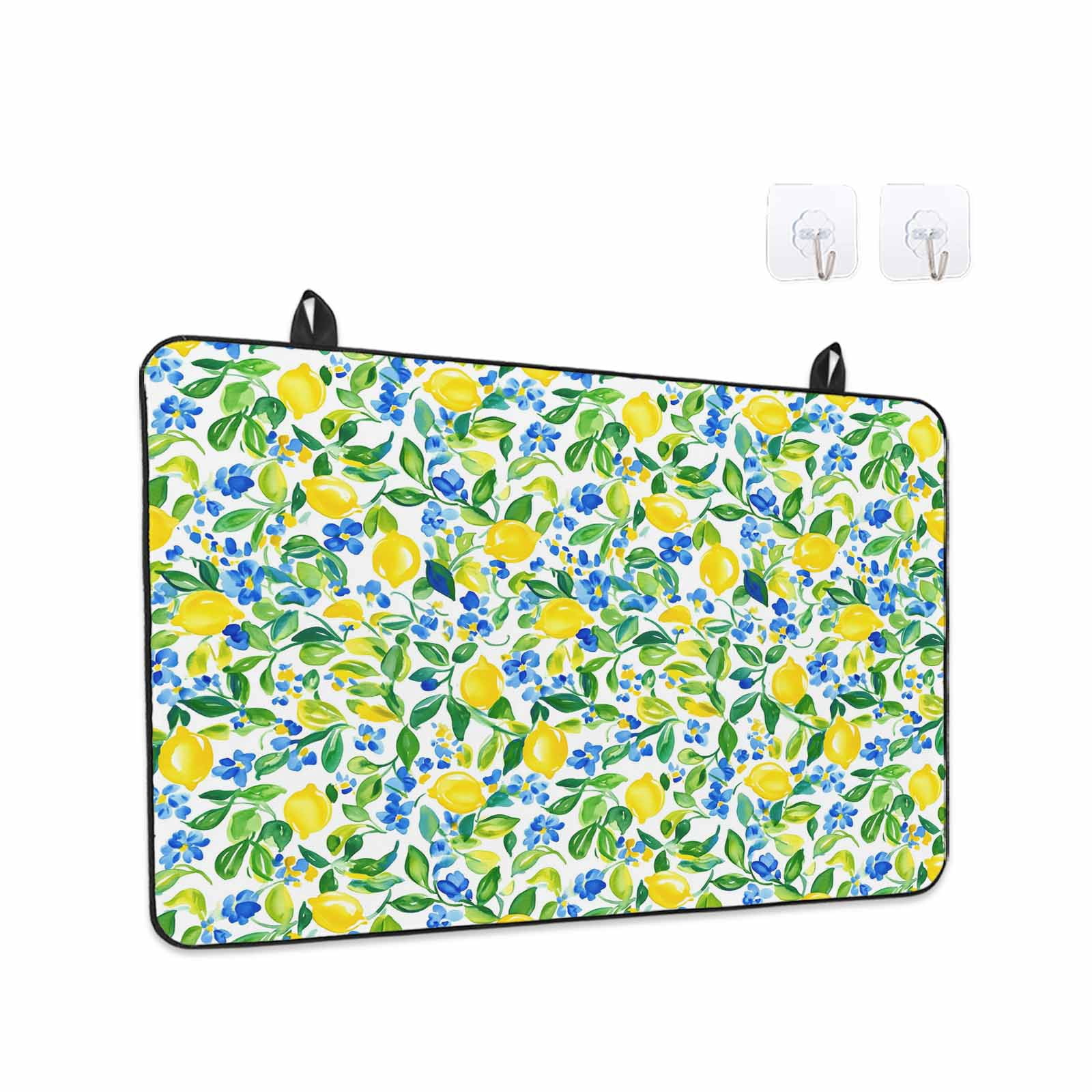 Summer Lemon Stove Top Cover for Electric Stove, Heat-proof & Non Slip Glass Top Stove Cover Protector, Green Botanical Blue Flowers Kitchen Flat Cooktop Rubber Mat 24x21 Inches