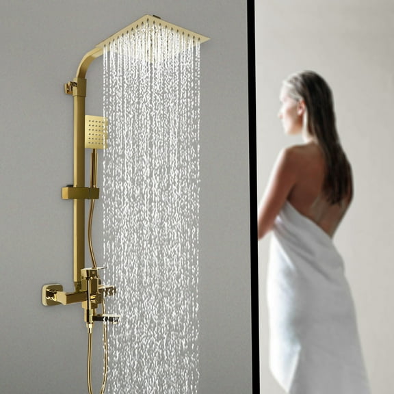 Gold Brass Shower Fixture System with 360° Rotatable Showerhead, Handheld Shower, and Bathtub Faucet, Adjustable Height for Comfortable Use
