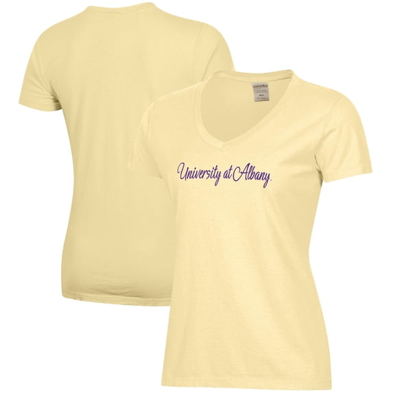 Women's  Yellow UAlbany Great Danes Script Logo Comfort Wash V-Neck T-Shirt