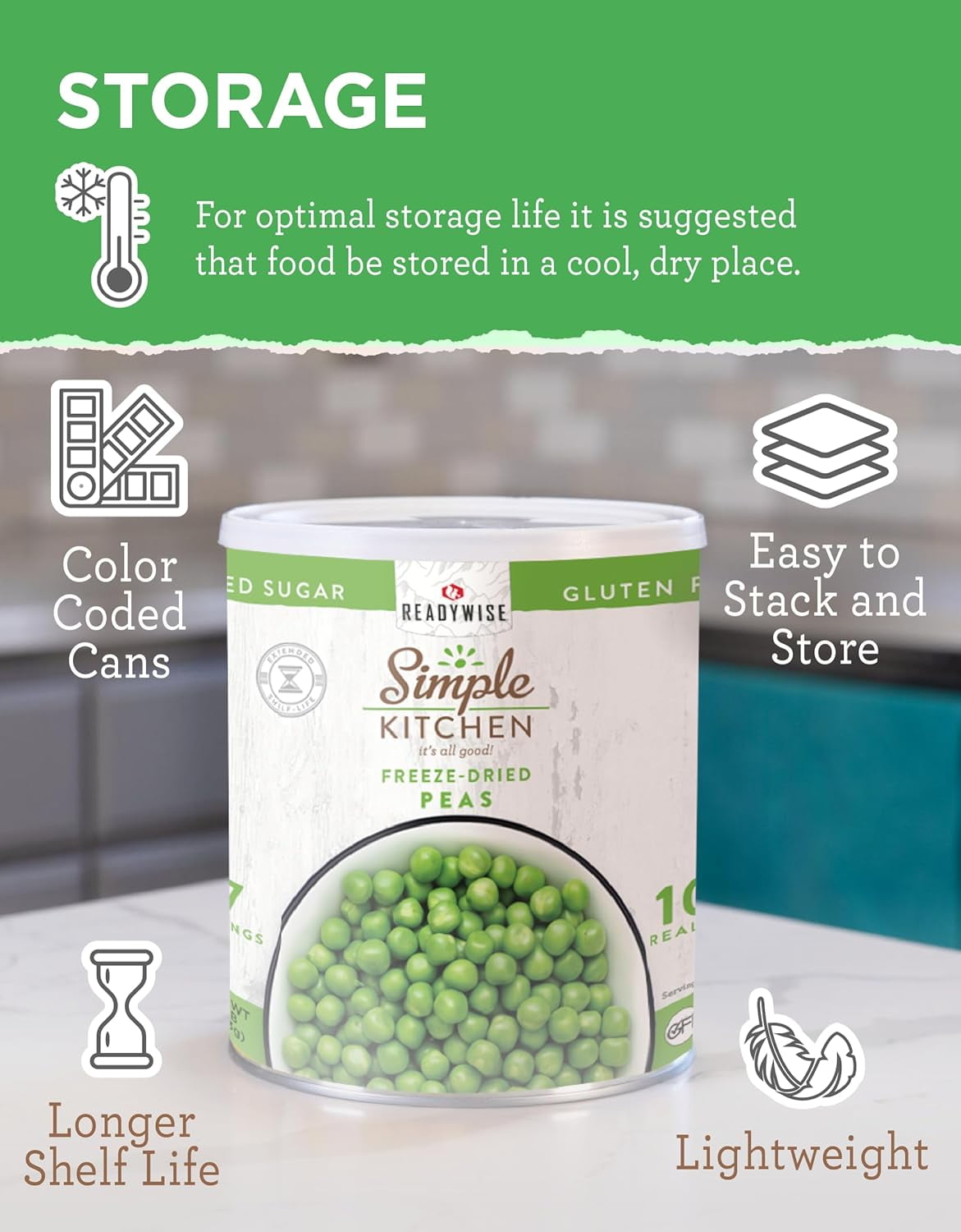 ReadyWise Freeze-Dried Peas Emergency Food, 17-Serving Can - Long Shelf Life
