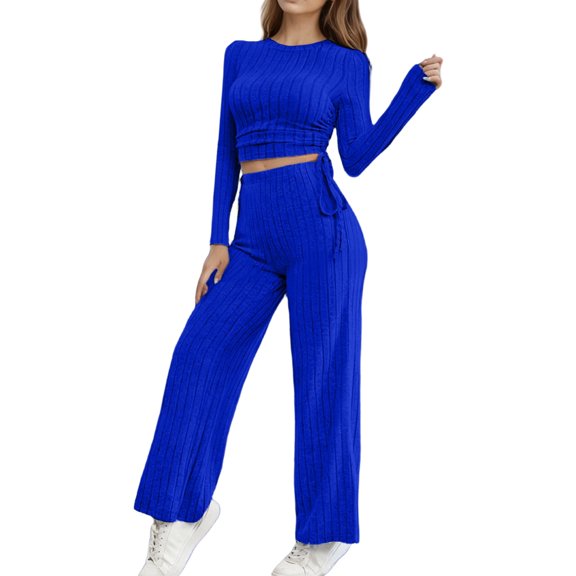 sususu Sets for Women Clothing Two Piece,Fall Sets Women's Knit Sweatshirt And Pants Two Piece Outfit Soft Casual Long Sleeve Comfortable Trousers For Everyday Wear And Home Relaxation - Blue