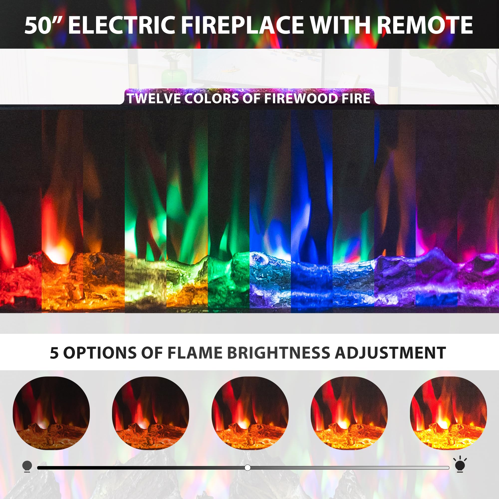 Fireplace TV Stand, Wood Texture 50" Electric Fireplace with Highlight Storage Cabinet, LED Light Entertainment Center, for TVs Up to 65"(White)