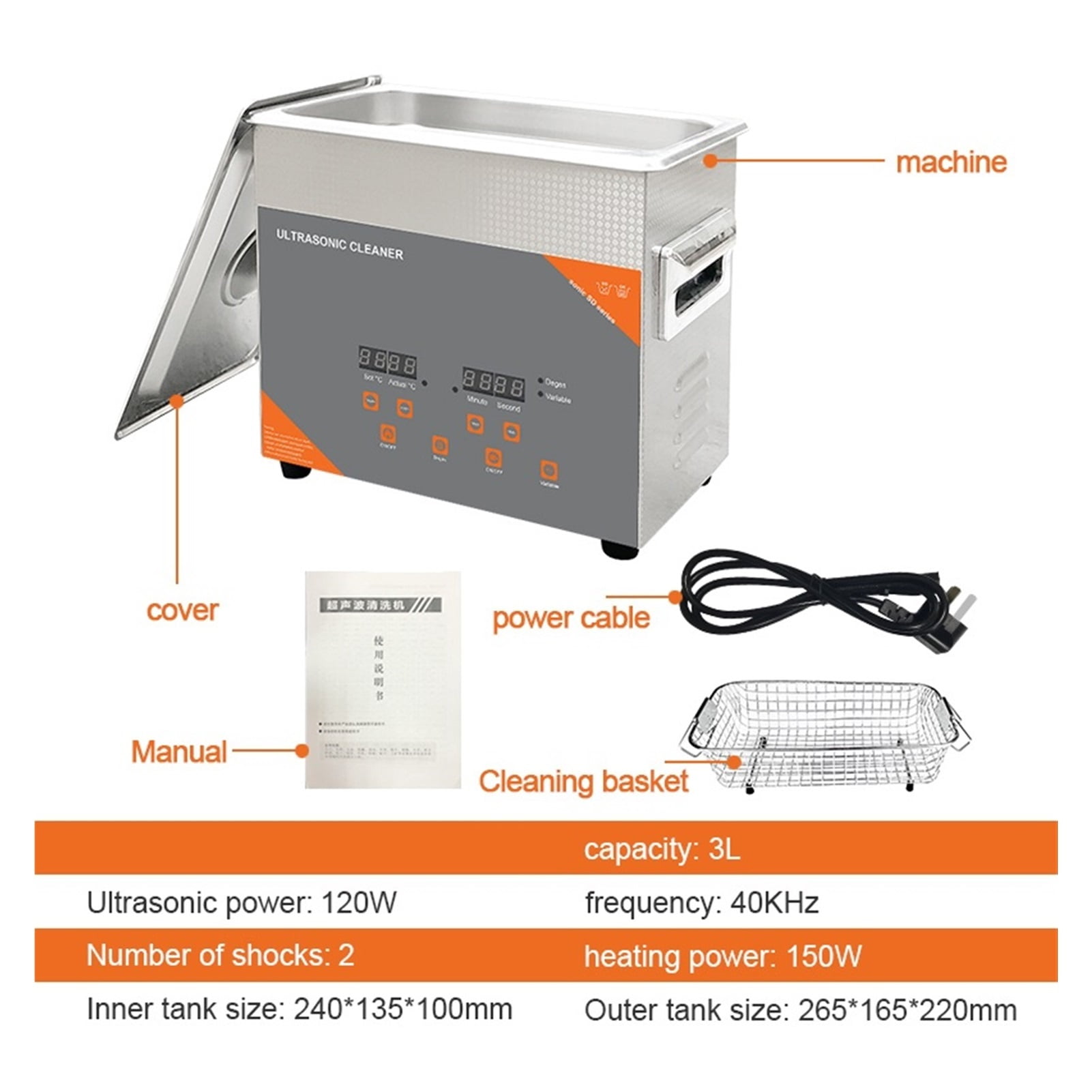 Ultrasonic Cleaner 3L 120W With Heater Timer Degas 40khz Wash Jewelry Ring Oil Rust Removal Surgical Clinic Dental Tool ,Strong Cleaning