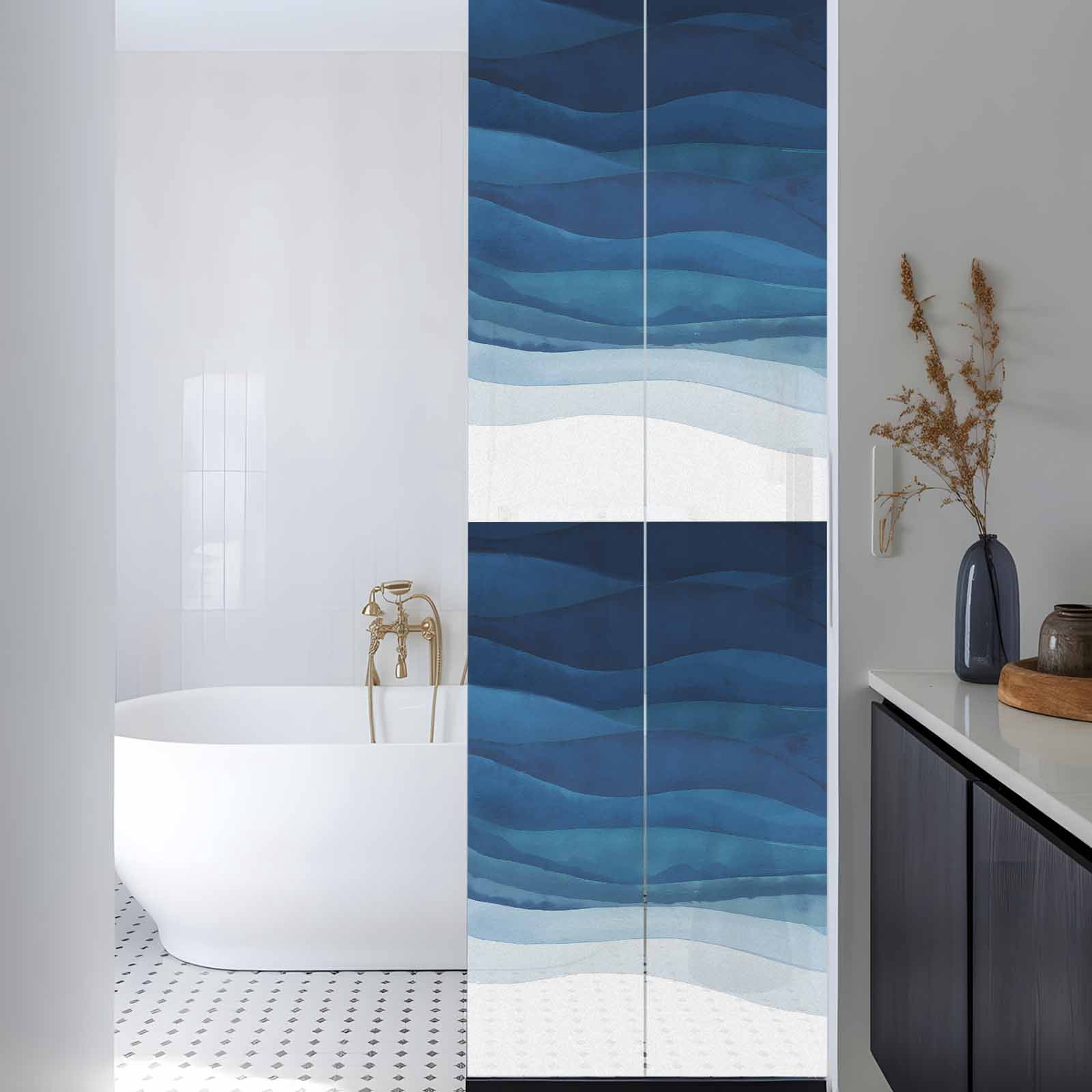 Sun Blocking Glass Window Film, Navy Blue Ombre Window Privacy Film Frosted, Abstract Modern Stripe Waves Moires Reusable Windows Privacy Sticker for Home Decor, Nursery, 23.6 x 78.7 Inches