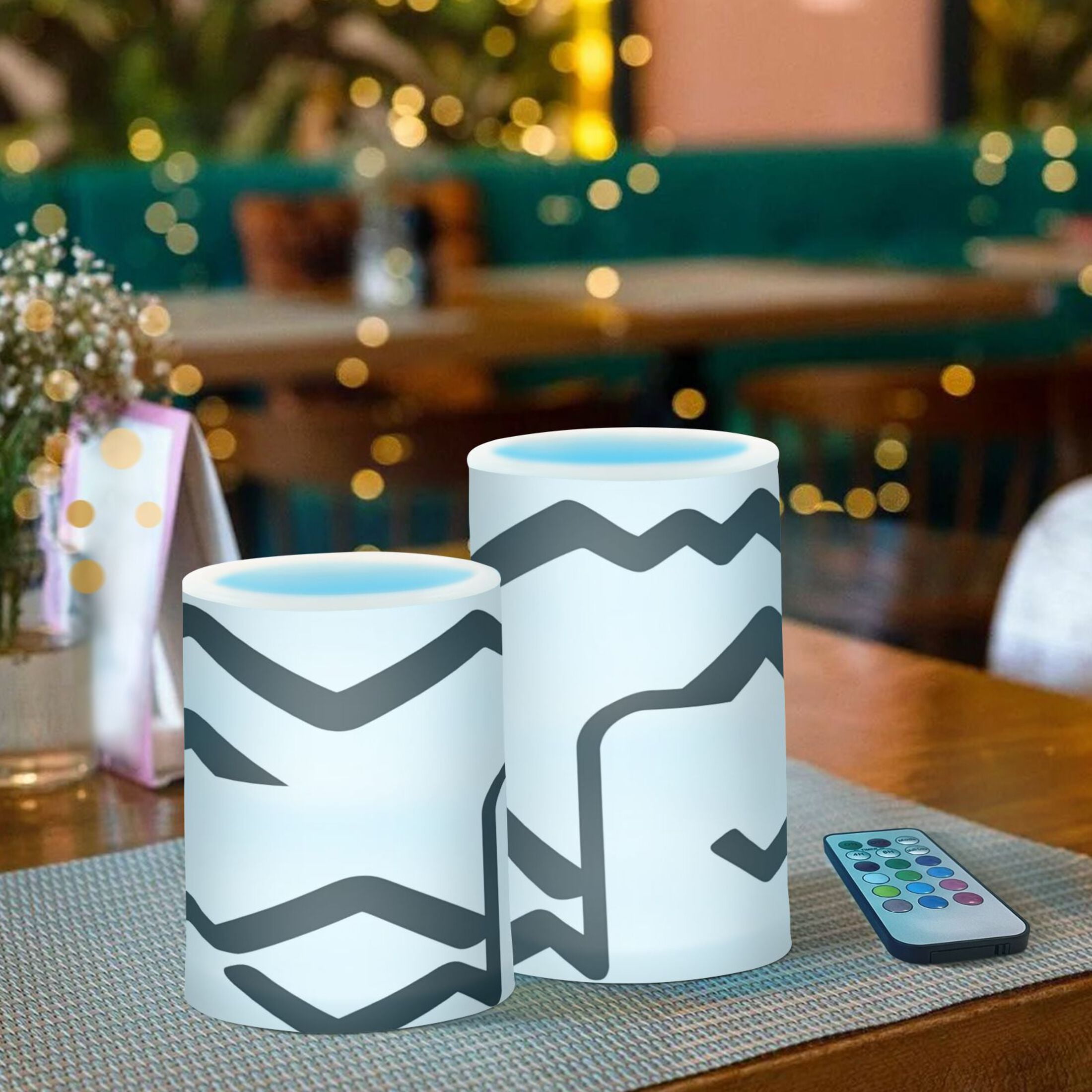 Abstract Black and White Pattern Set of 2 Flameless LED Candles Remote and Timer Indoor Outdoor