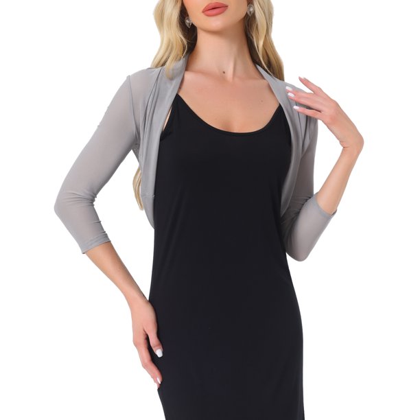INSPIRAR CHIC Blusas Semitransparentes para Mujeres Elegantes con Mangas 3/4 Cárdigan Bolero Shrug Gris Claro L
