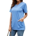 thumbnail image 4 of HUBERY Women Round Neck Short Sleeve Pockets Spliced Solid Color Shirt, 4 of 5