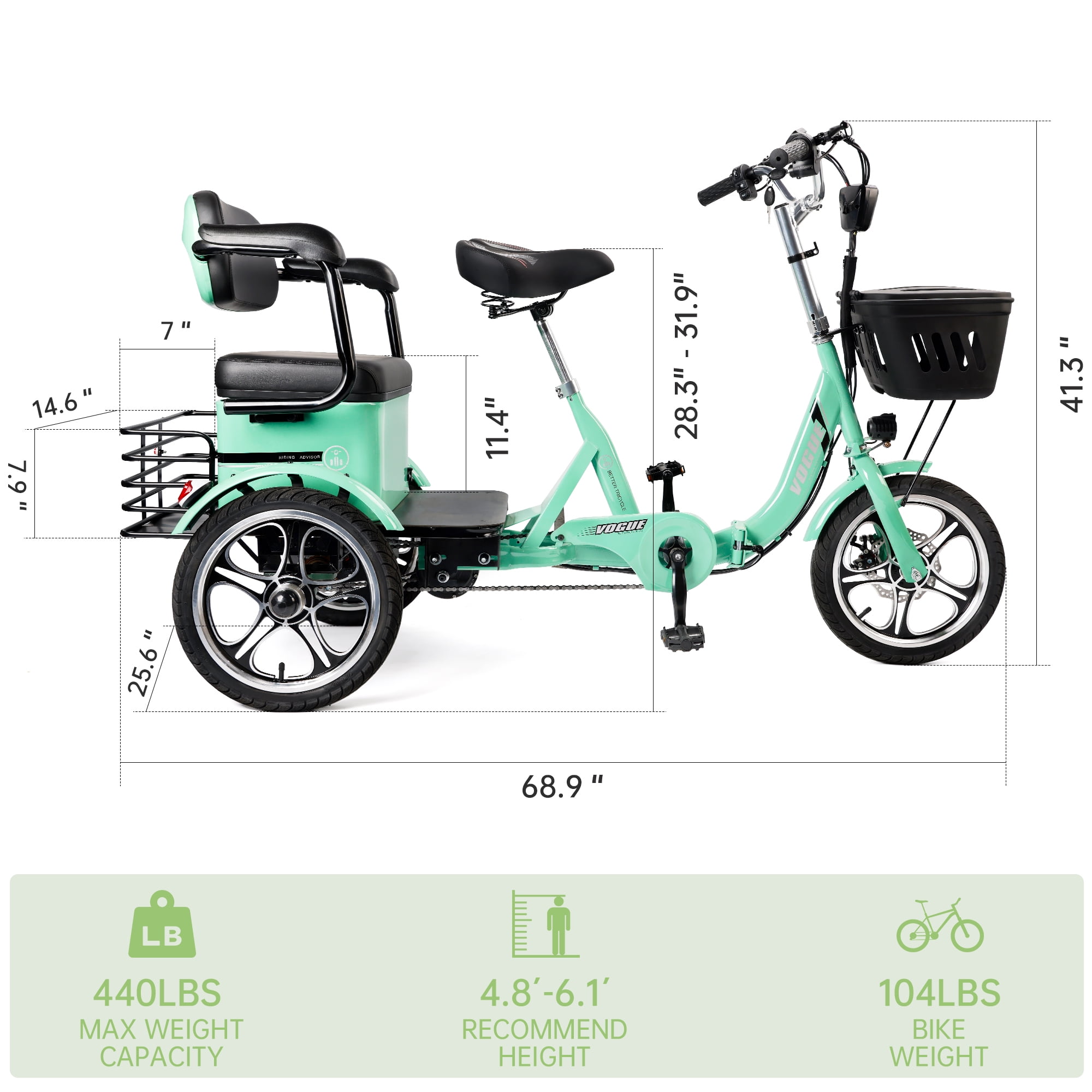 VIPQV Electric Tricycle, 400W Folding Trike Ebike 16", 3 Wheel Electric Tricycle, 14MPH Max Speed, Up to 34 Miles , 48V 12AH UL2849 Tricycle for Adults