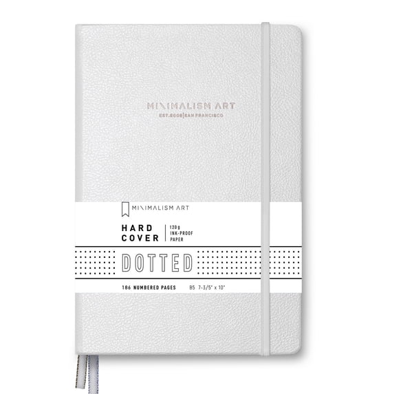 Minimalism Art, Premium Hard Cover Notebook Journal, Large Size, Composition B5 7.6"x10", 186 Numbered Pages, Gusseted Pocket, Ribbon Bookmark, Extra Thick Ink-Proof Paper 120gsm (Dotted, White)