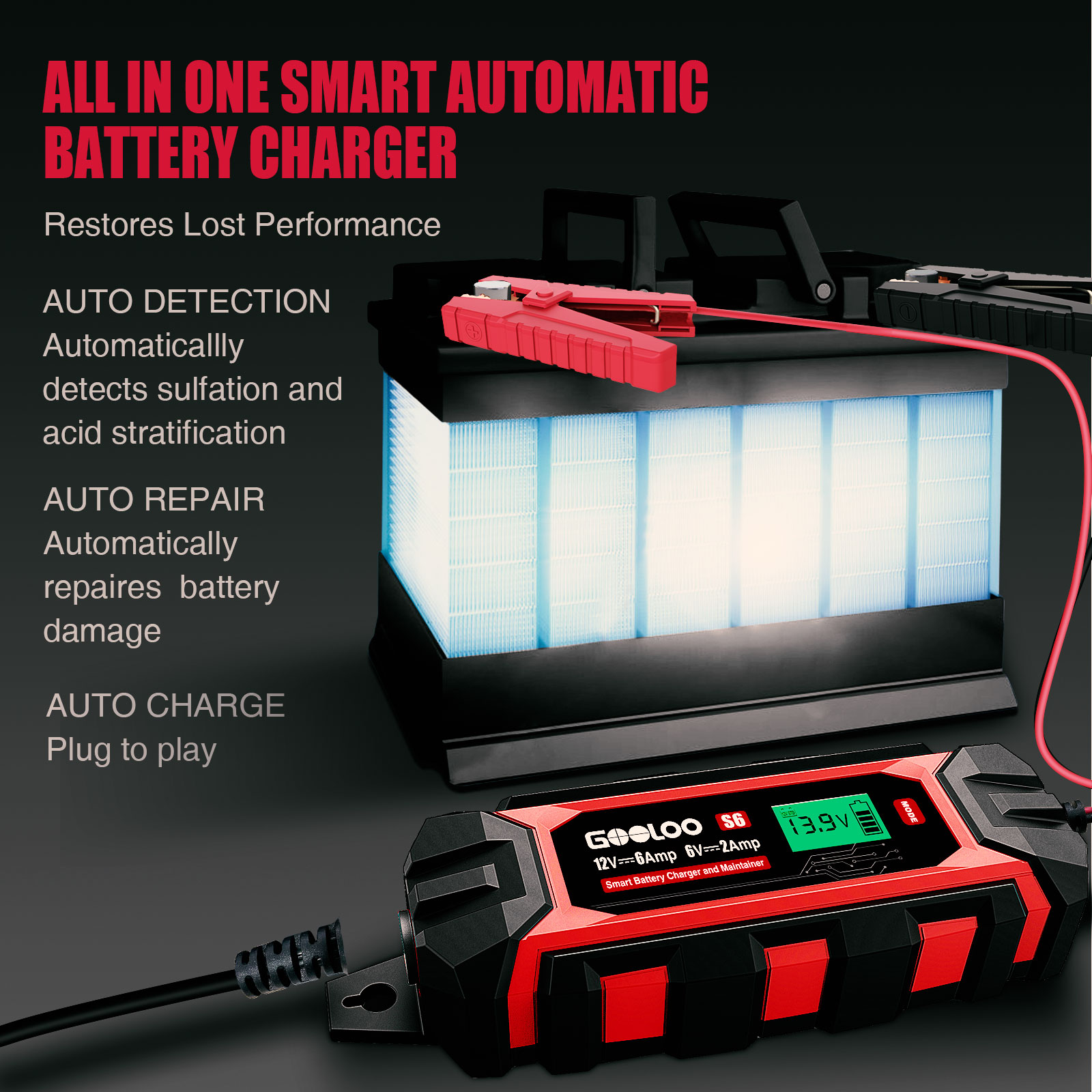 GOOLOO 6A Automotive Battery Charger,6-Amp 6V 12V(Up to 150Ah)Battery Charger and Maintainer Smart Trickle Charger Portable with LCD Display Pulse Repair for Vehicles