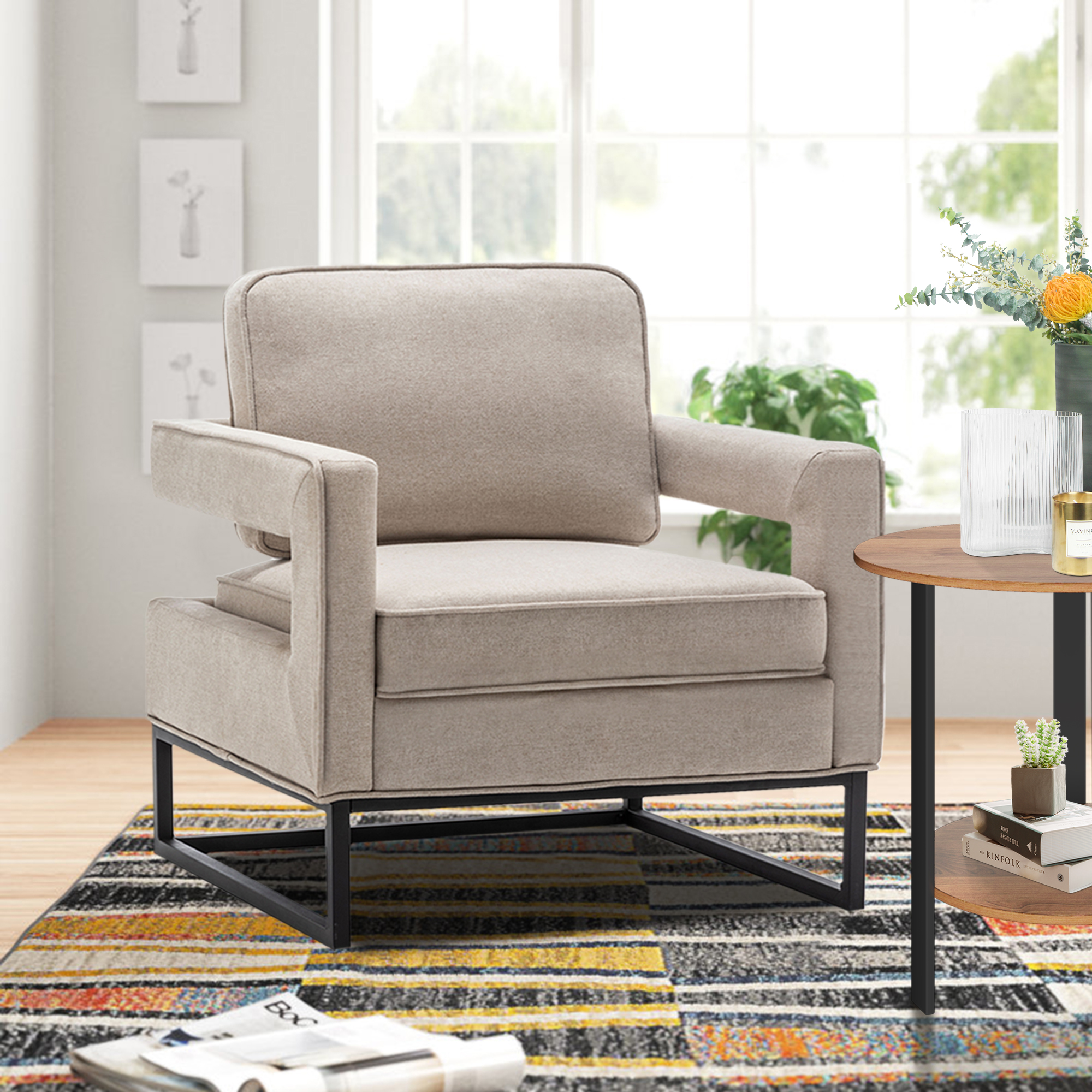 Andeworld Contemporary Upholstered Accent Armchairs Living Room Chair with Black Legs,Single Sofa Chair,Bedroom Reading Chair,Beige