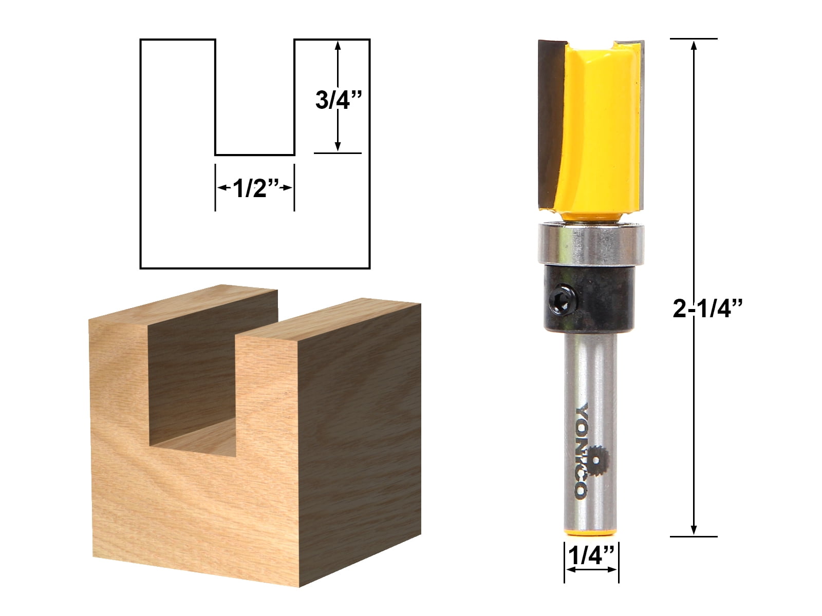 4 Bit 1/2" Diameter Flush Trim Template Router Bit Set - 1/4" Shank - Yonico 14422q