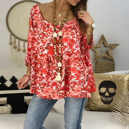 

TINYSOME Women 2019 Summer Vintage Floral Print Boho Holiday Blouse Short Sleeve Loose Sh