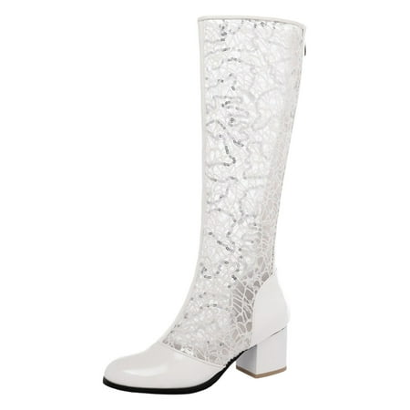 GHSOHS Cowboy Boots for Women Ankle Boots White Cowboy Boots Black Boots Knee High Boots Oversized Hollowed Out Round Head Thick High Heels High Boots Rain Boots Dress Shoes Winter Boots Size 40