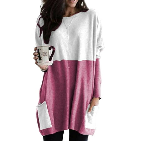 

UKAP Women Maternity Long Sleeve Pockets T Shirts Dresses Casual Loose Crew Neck Pullover Tops Color Block Patchwork Blouses Oversized Sweatshirt