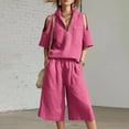 thumbnail image 2 of Xunmmm Summer Two Piece Set for Women Loose Fit Cold Shoulder Half Zipper and Bermuda Shorts Set Solid Color Casual Two Piece Set Relaxed Fit Travel Wear, 2 of 5