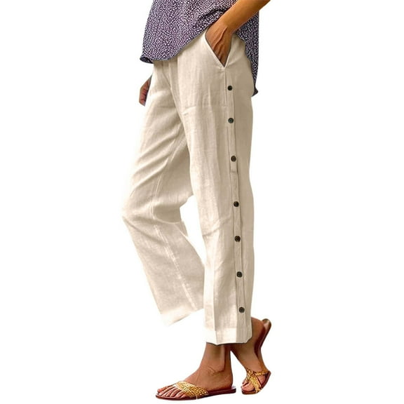 EDFBUYKRS Female Women Pants Casual Womens Track Pants with Stripe Petite Women’S Casual Linen Long Pants with Elastic Waist and Button Details Xl